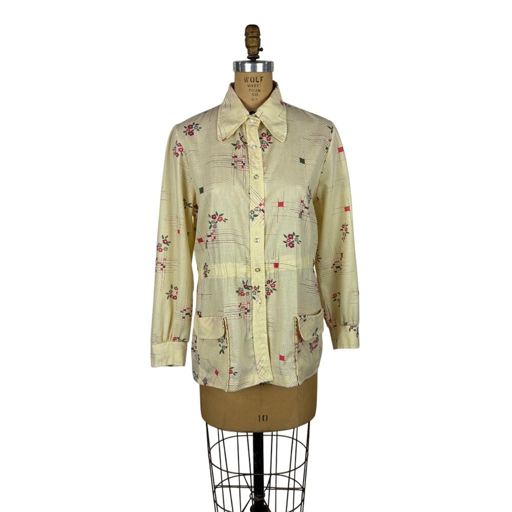 Vintage 70s Floral Shirt Womens Large Geometric Textured Long Sleeve Top
